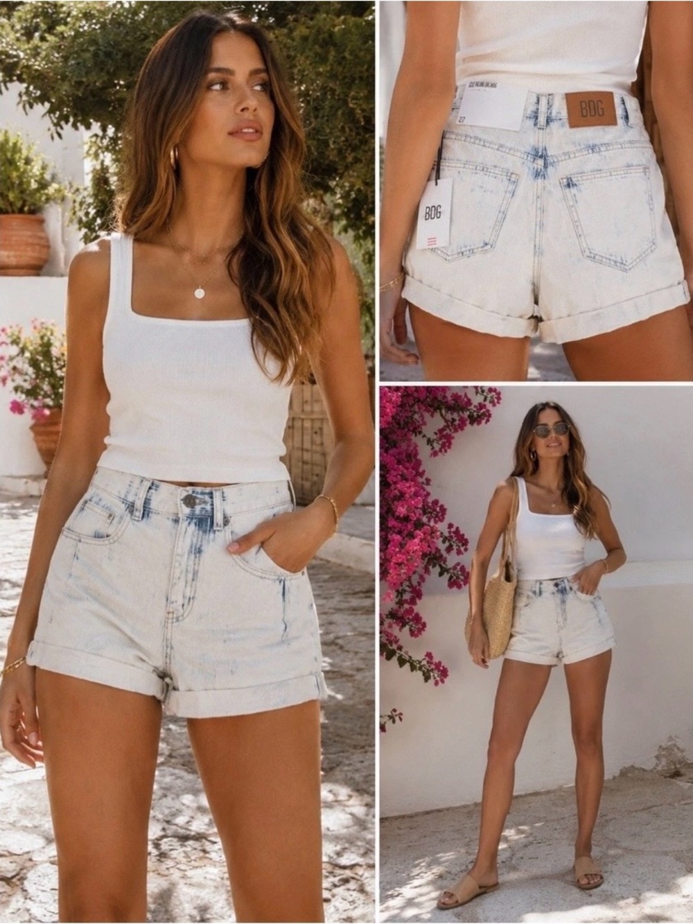 New BDG Urban Outfitters High Rise Roll Hem Denim Shorts Size 26 Ivory Comb #70